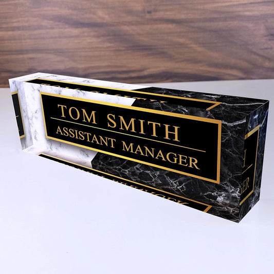 Artblox Office Desk Name Plate Personalized | Black & White Marble Design Printed On Clear Acrylic Glass | Custom Name Plates for Desks | Office Desk Decor - (8" x 2.5")