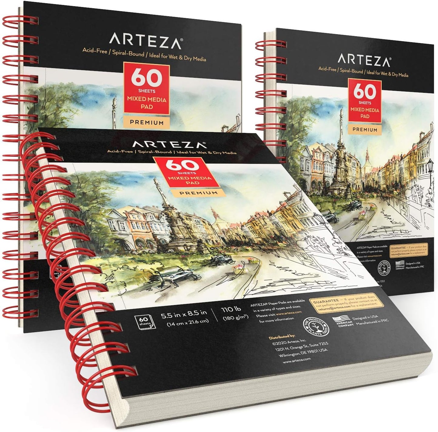 ARTEZA Mixed Media Sketchbook, 5.5 x 8.5 Inches, Pack of 3, 60 Sheets Each, Micro-Perforated Spiral-Bound Paper Pad for Wet and Dry Media