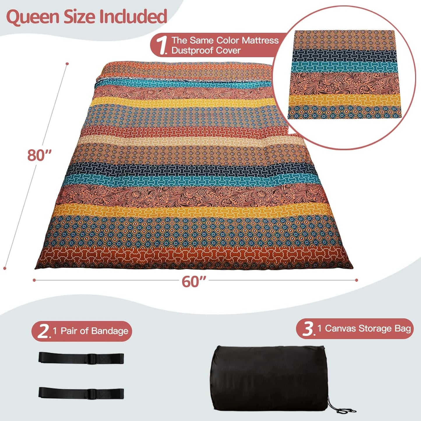 MAXYOYO Bohemian Vintage Floral Japanese Futon Mattress - Roll Up Tatami Floor Mat, Foldable Bed, Portable Camping Mattress, Sleeping Pad, Floor Lounger, Couch Bed - Queen Size