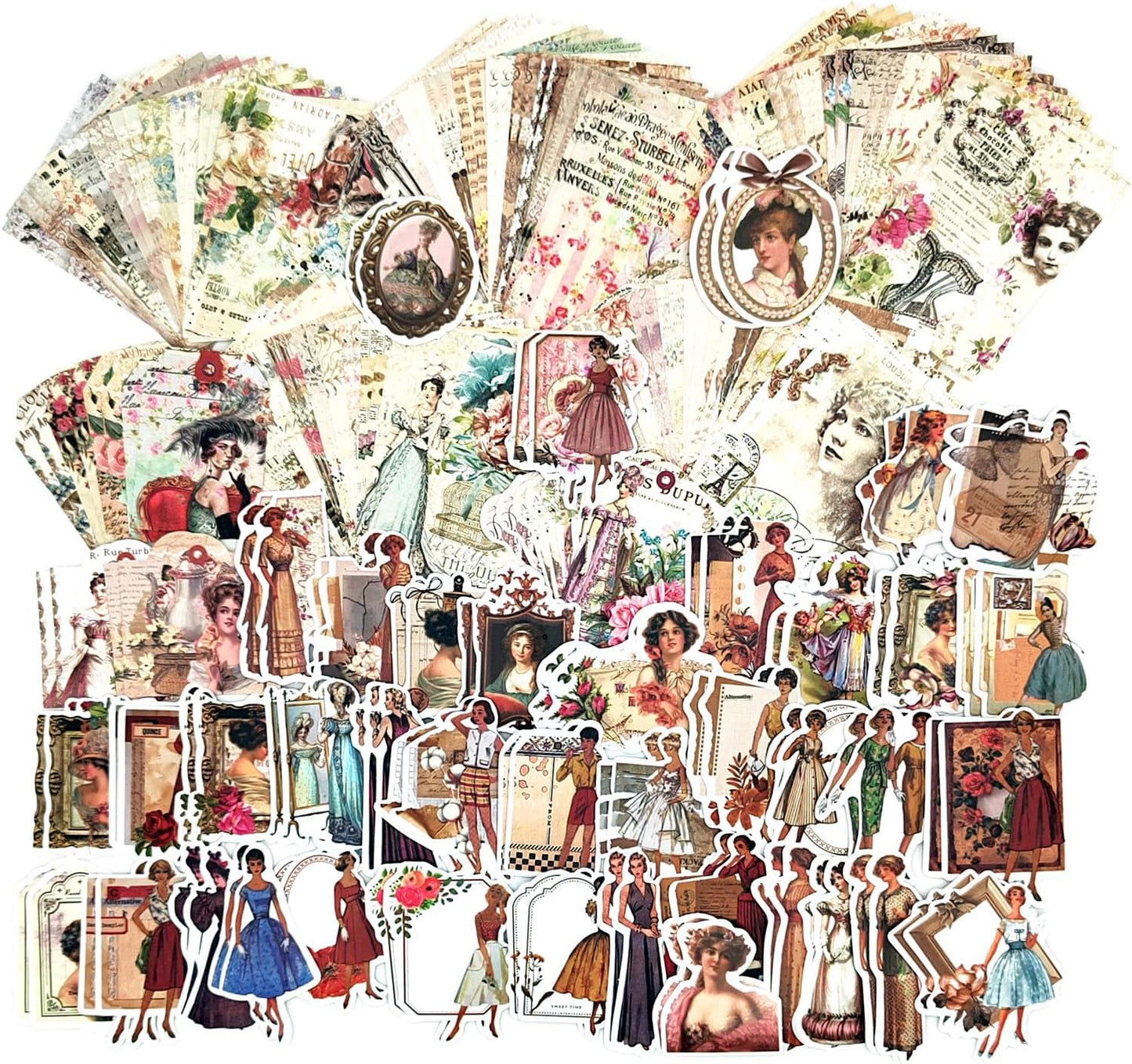 200PCS Vintage Scrapbooking Supplies Pack, Aesthetic Scrapbook Sticker Paper Art Journaling Kit for Bullet Junk Journals,Planner,Cottagecore Decor Gifts (Rose)