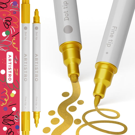 ARTISTRO 2 Gold Dual-Tip Acrylic Paint Pens - Multisurface Markers for Fabric, Plastic, & More, 5mm Dot + 1mm Fine Tips