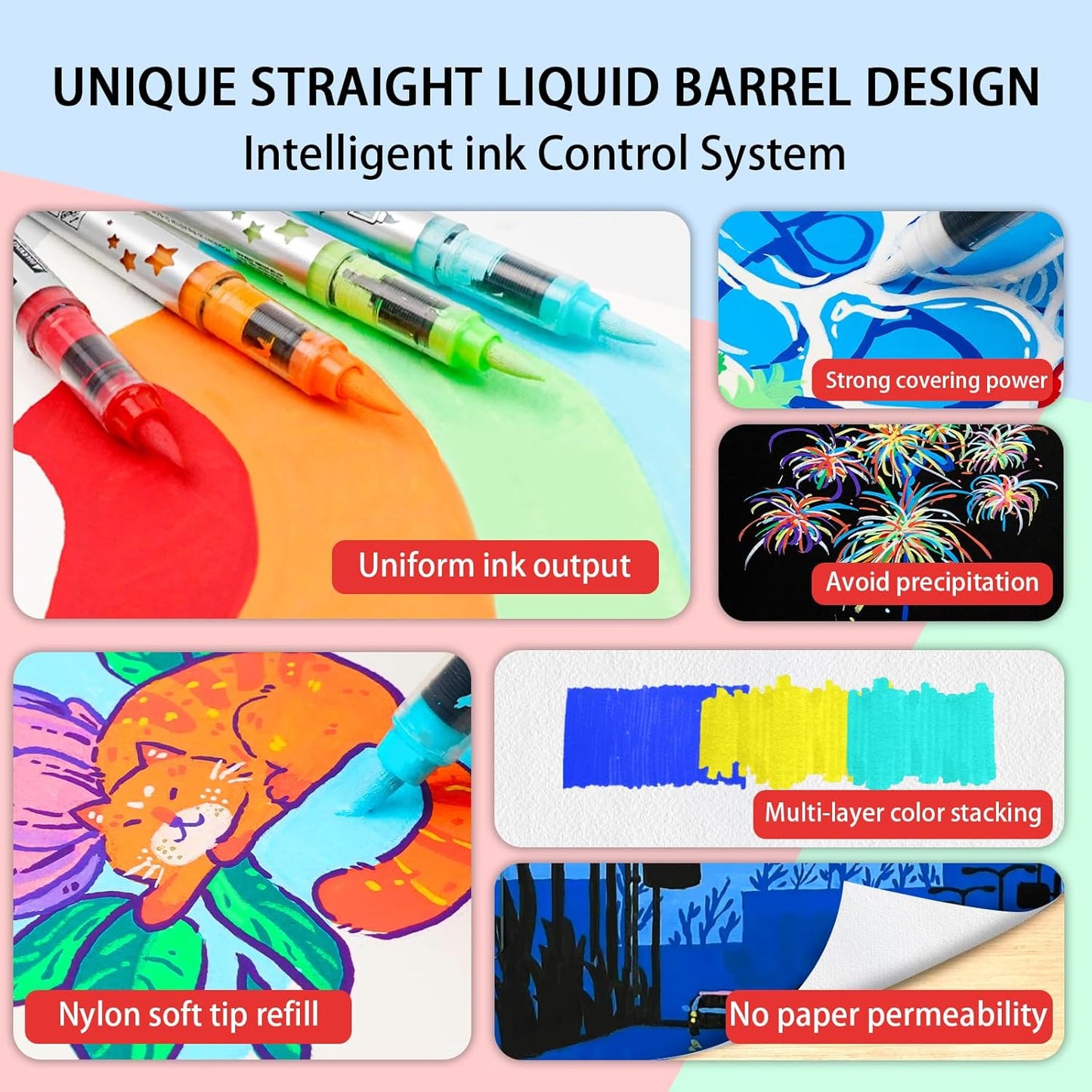 Betem Paint Markers Acrylic Paint Pens, 24 Colors Brush Tip Water Based Markers with Direct Ink System, Permanent Marker Colored Pens, Art Supplies for Rock Painting, Wood, Fabric, DIY Crafts Gift