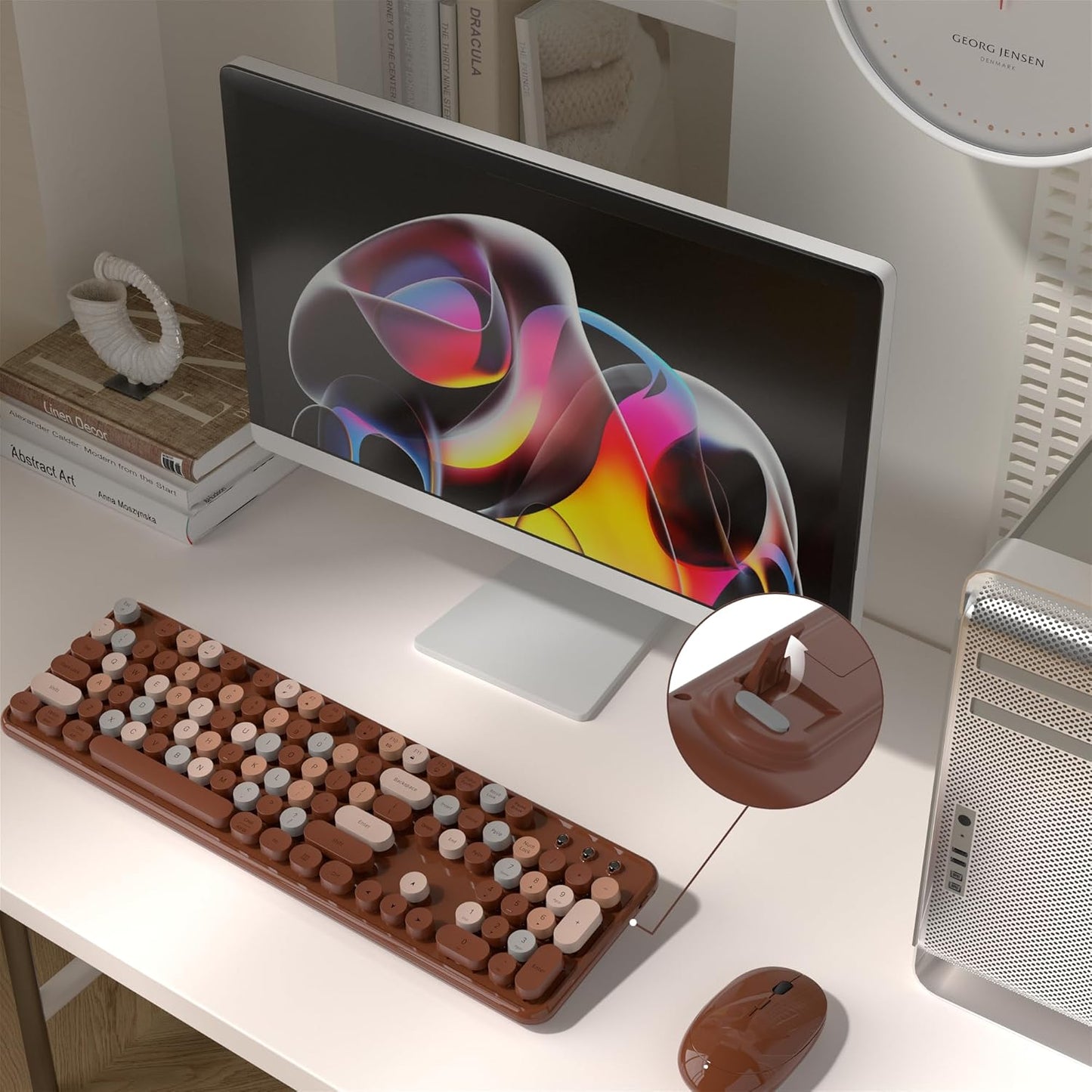 Colorful Wireless Computer Keyboard and Mouse Combo with Round Typewriter Keycaps, Retro Design, Power Switch, Ergonomic Design, 2.4GHz Wireless for Windows, Mac, PC(Coffee-Colorful)