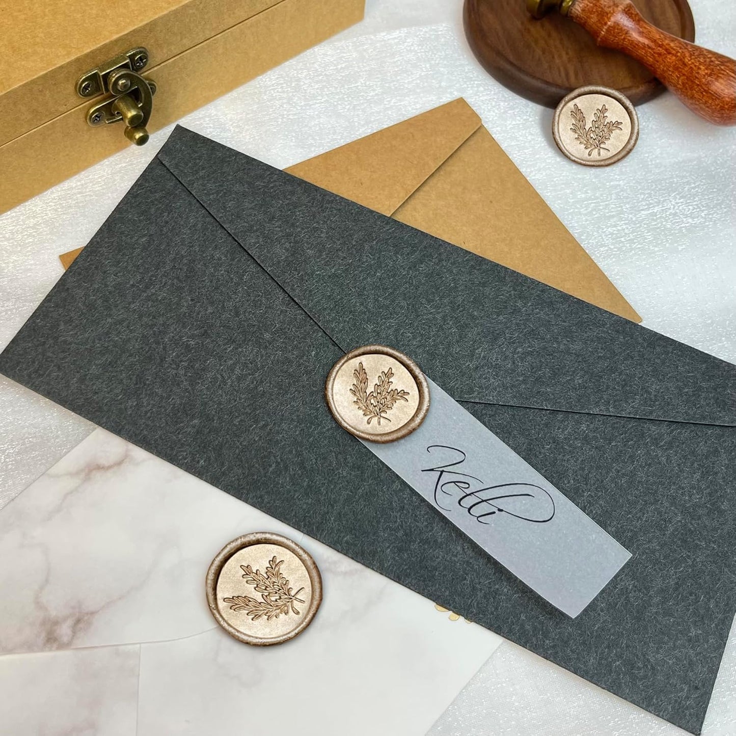 50Pcs Wax Seal Stickers Handmade Envelope Seals Self Adhesive Wax Stickers for Wedding Party Invitations, Envelope, Gift Wrap, Christmas(Rosemary Style, Champagne Gold)