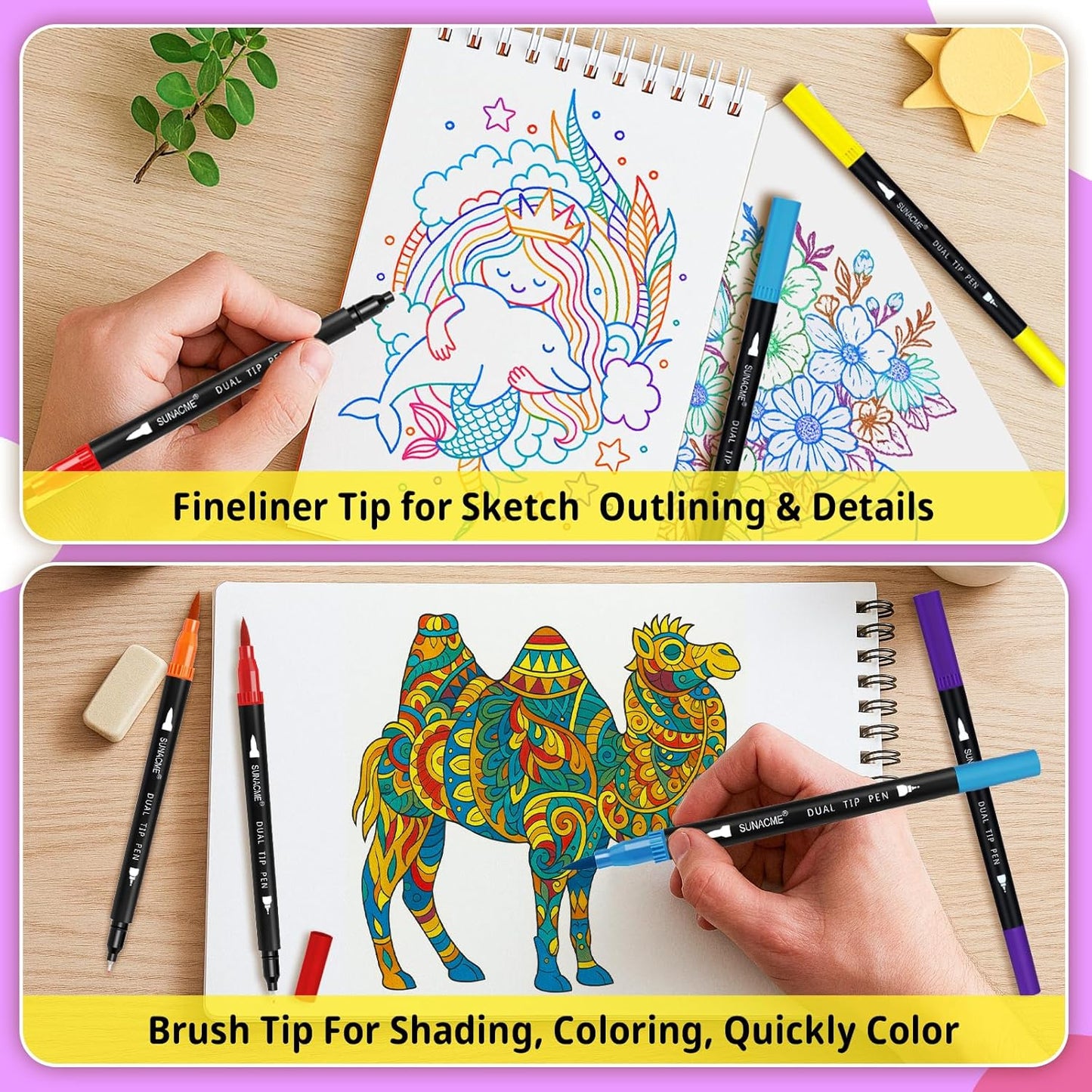 36 Dual Brush Marker Pens, 36 Colors Art Marker Set with Brush Tip and Fineliner Tip for Kids Adults Coloring Books, Aesthetic School Art Supplies No Bleeding