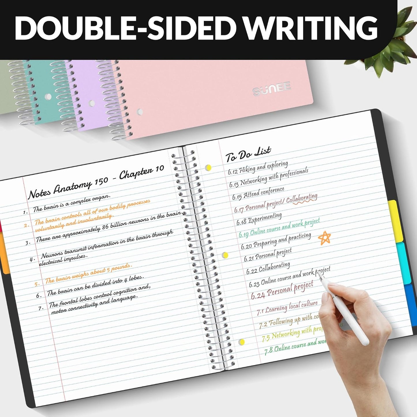 SUNEE 5 Subject Notebook College Ruled - 400 Pages, 9"x11", 5 Pocket Colored Dividers, 3-Hole Punched Paper, Black