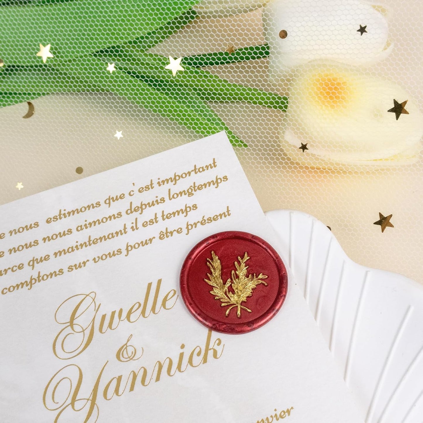 100Pcs Gold & Red Wax Seal Stickers - Handmade Envelope Seals, Self-Adhesive Wax Stickers for Wedding Party Invitations, Envelope, Gift Wrap, Christmas (Gold Rosemary Style, Red)