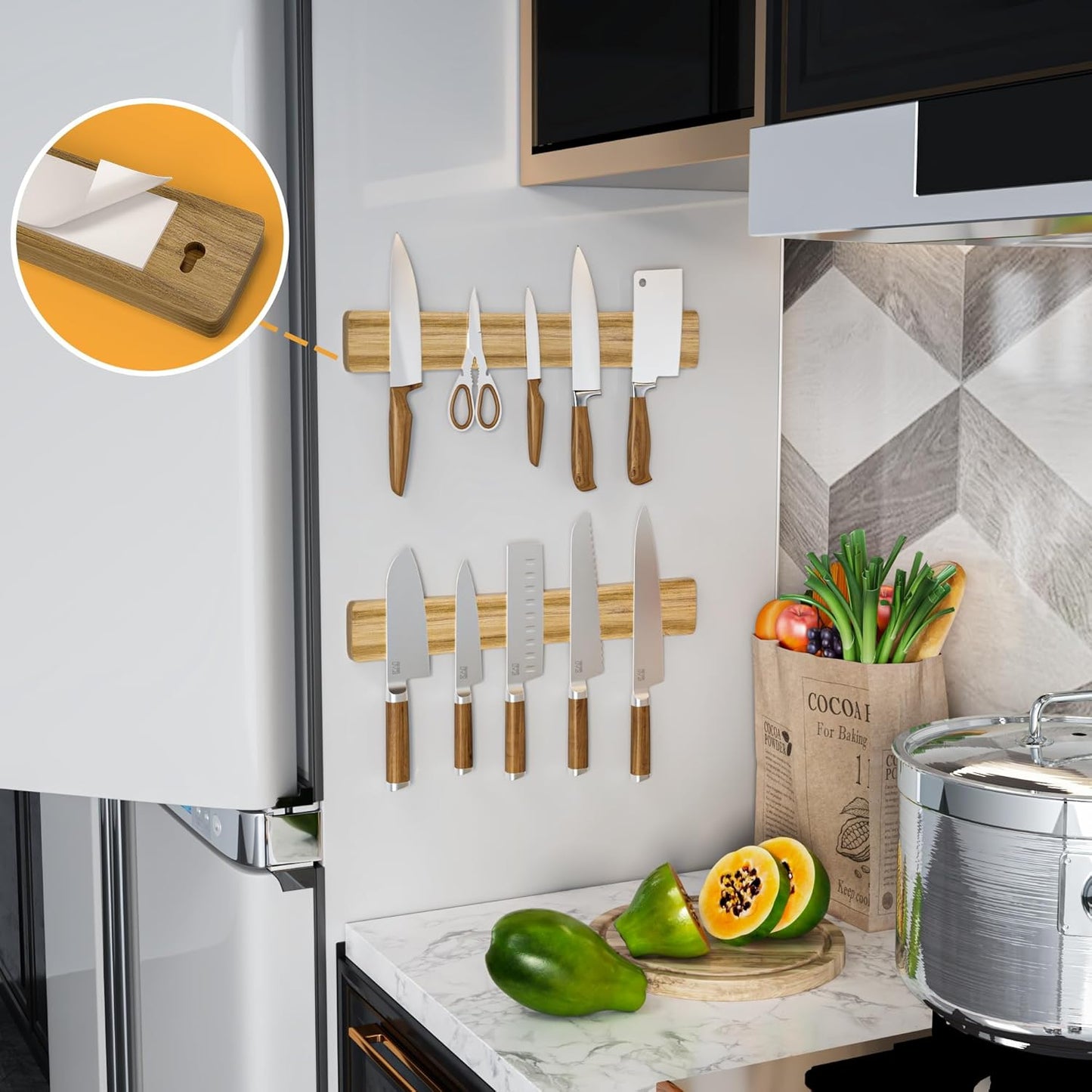 Magnetic Knife Holder for Wall, Acacia Wood Knife Magnetic Strip No Drill Knife Magnet Storage Bar Magnetic Tool Key Holder Strip for Kitchen Utensil Organizer (Light Brown, 16 Inch)