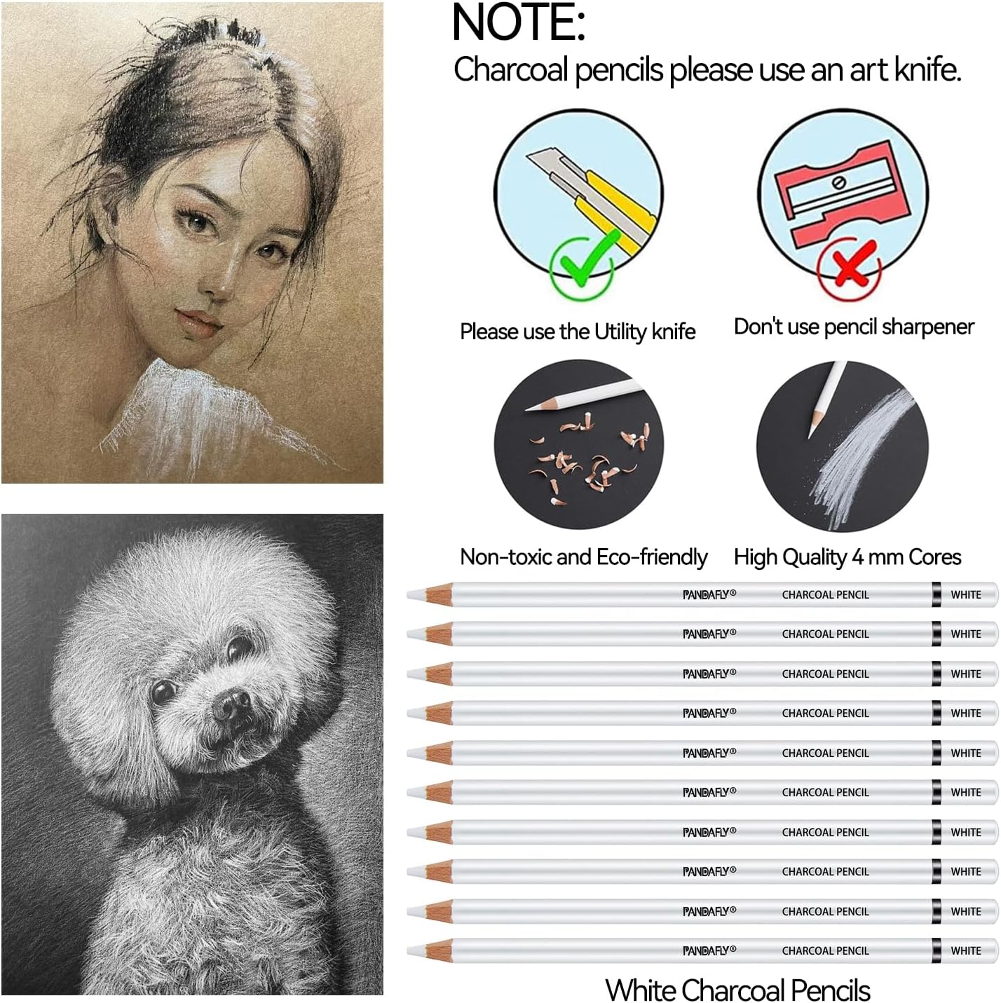 PANDAFLY White Charcoal Pencils Set, Professional 14 Piece Charcoal Pencils for Drawing, Sketching, Shading, Blending, White Chalk Pencils for Kid, Beginners & Pro Artists