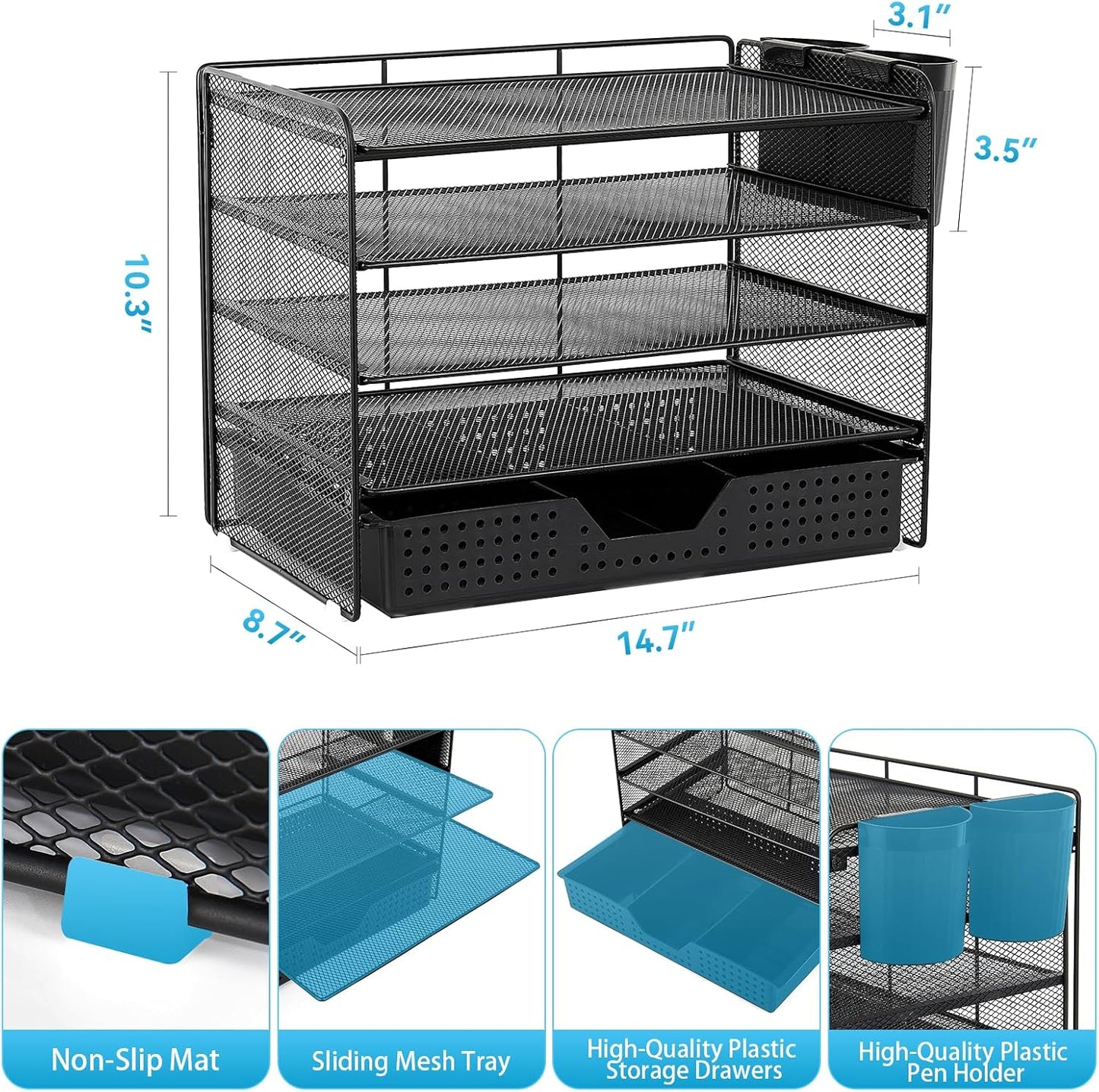 5-Tier Paper Organizer Letter Tray with Drawer & 2 Pen Holders, Desk Organizer and Accessories for Desktop File Workspace Organization, Office Desk Accessories Office Supplies Storage (Black)