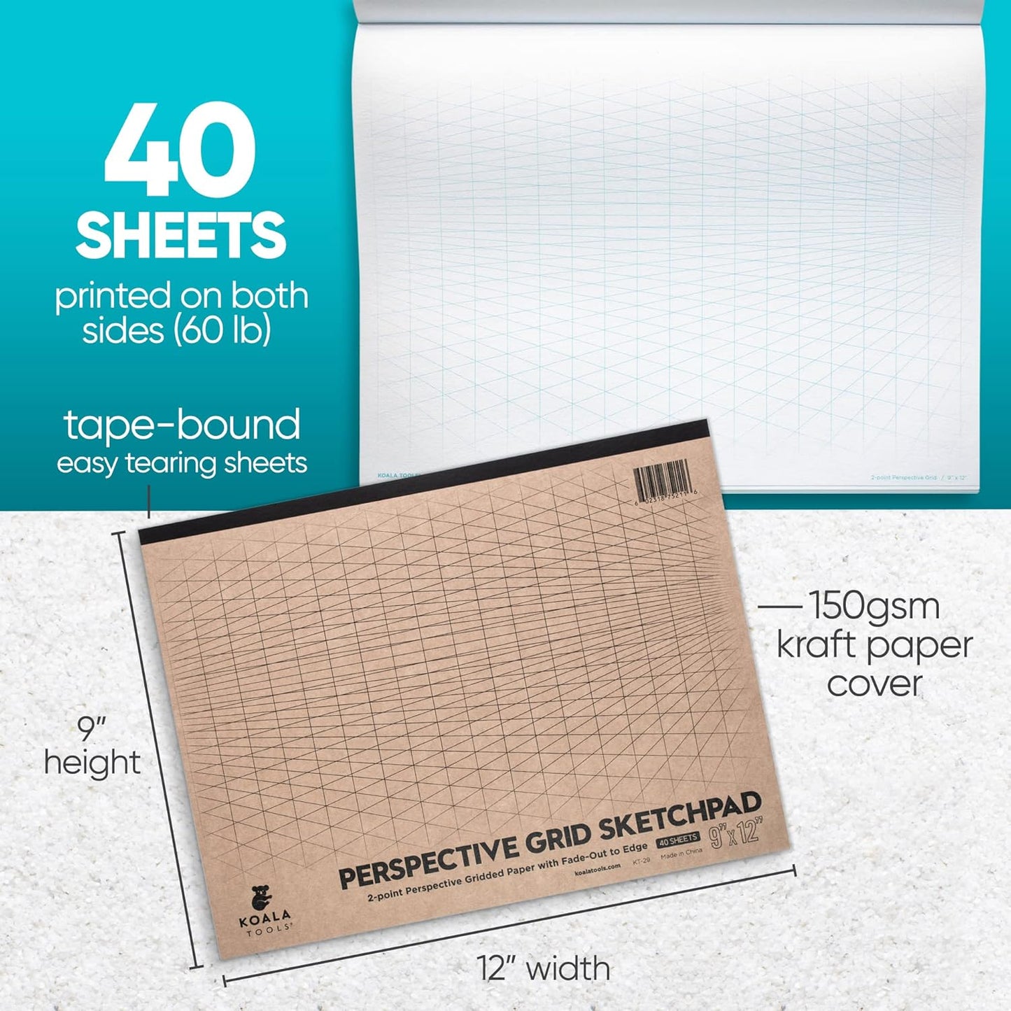 Koala Tools | Drawing Perspective (1 and 2-Point) Large Sketch Pad (2 Point - 9 x 12)