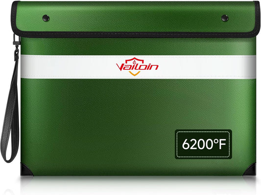 Fireproof Document Bag with Water Resistant Zipper（13.9"x10.6"）,6200°F Heat Insulated Fire Proof Pouch with Soft Leather Hand Strap,Fire and Waterproof Envelope for Cash,Documents,Jewelry(Green)