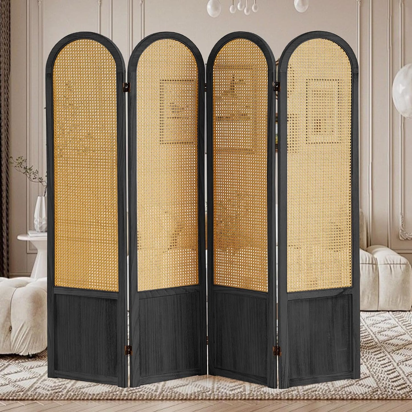 4 Panel Rattan Room Divier, Room Divider Panel and Folding Privacy Screens, Room Divider Wall, Solid Wood Frame, Partition Room Dividers, Bedroom, Dining Room, Lounge, Black