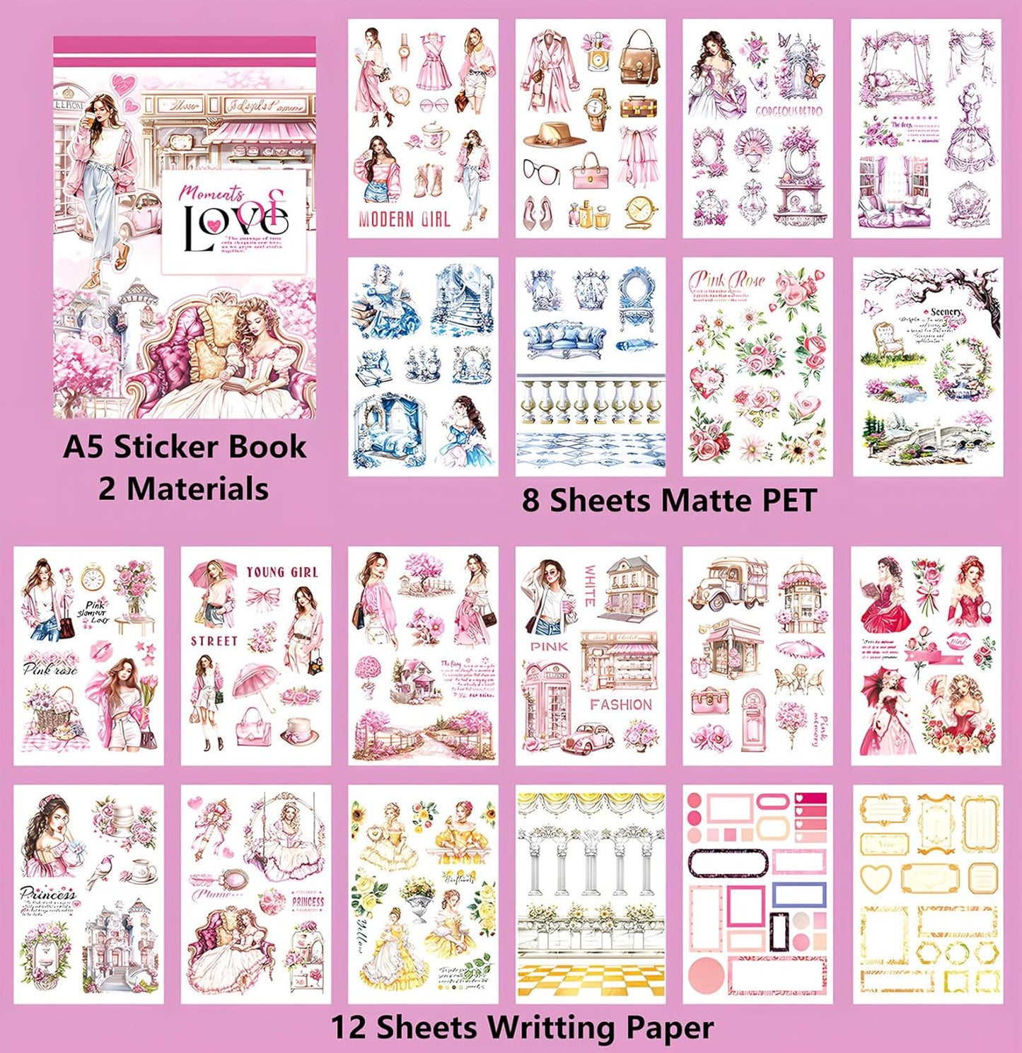 YagCu Journal Sticker Book, Moment of Love Scrapbook Stickers, Junk Journal Supplies, Pre-Cut Aesthetic Scrapbooking and Journaling for Women, Pink Decorative Ephemera Bullet Planner DIY Arts