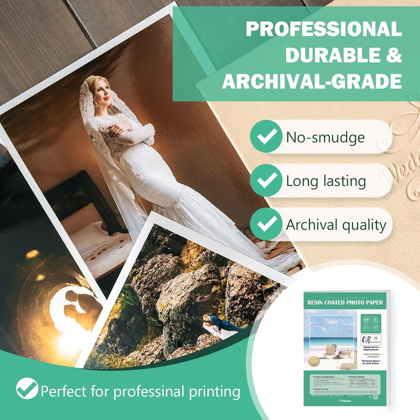 Ultra-Premium Glossy RC Photo Paper, Professional and Heavyweight Metallic Resin Coated Photo Paper, Pigment and Dye Inkjet Printer Suitable, Waterproof, 4x6, 50 Pack