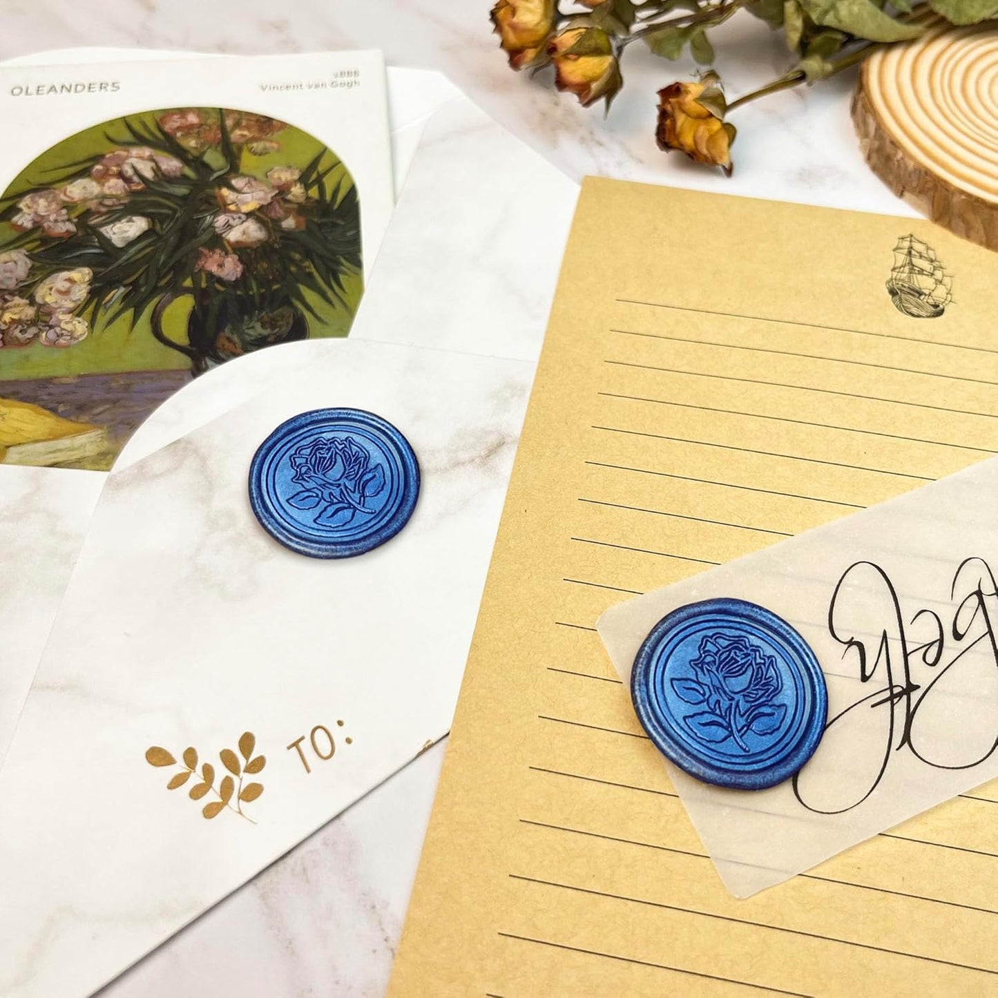 100Pcs Wax Seal Stickers Handmade Envelope Seals Self Adhesive Wax Stickers for Wedding Party Invitations, Envelope, Gift Wrap, Christmas(Rose Style, Blue)