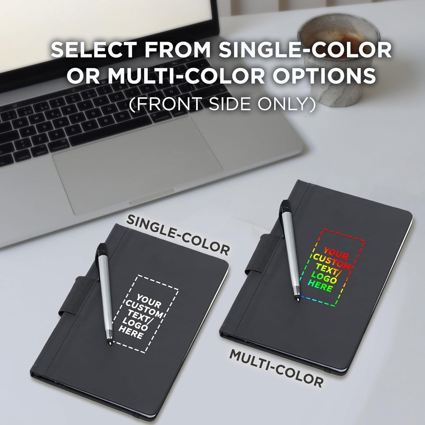 DISCOUNT PROMOS 100 Executive Notebooks with Pen Pack - Customizable Text, Logo - 6 x 8.5 inches, Recycled, Pen Loop, Closure Strap - Black