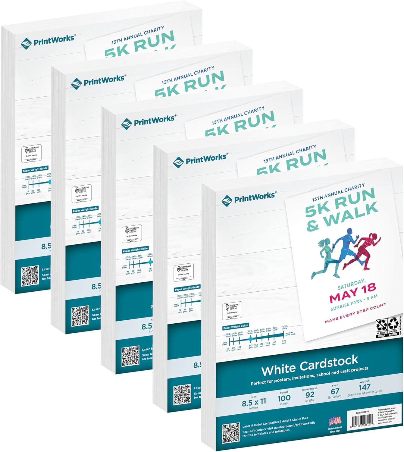 Printworks White Cardstock, 67 lb, 96 Bright, FSC Certified, (5 pack bundle) 500 Sheets, 8.5 x 11 Inch (00540C)