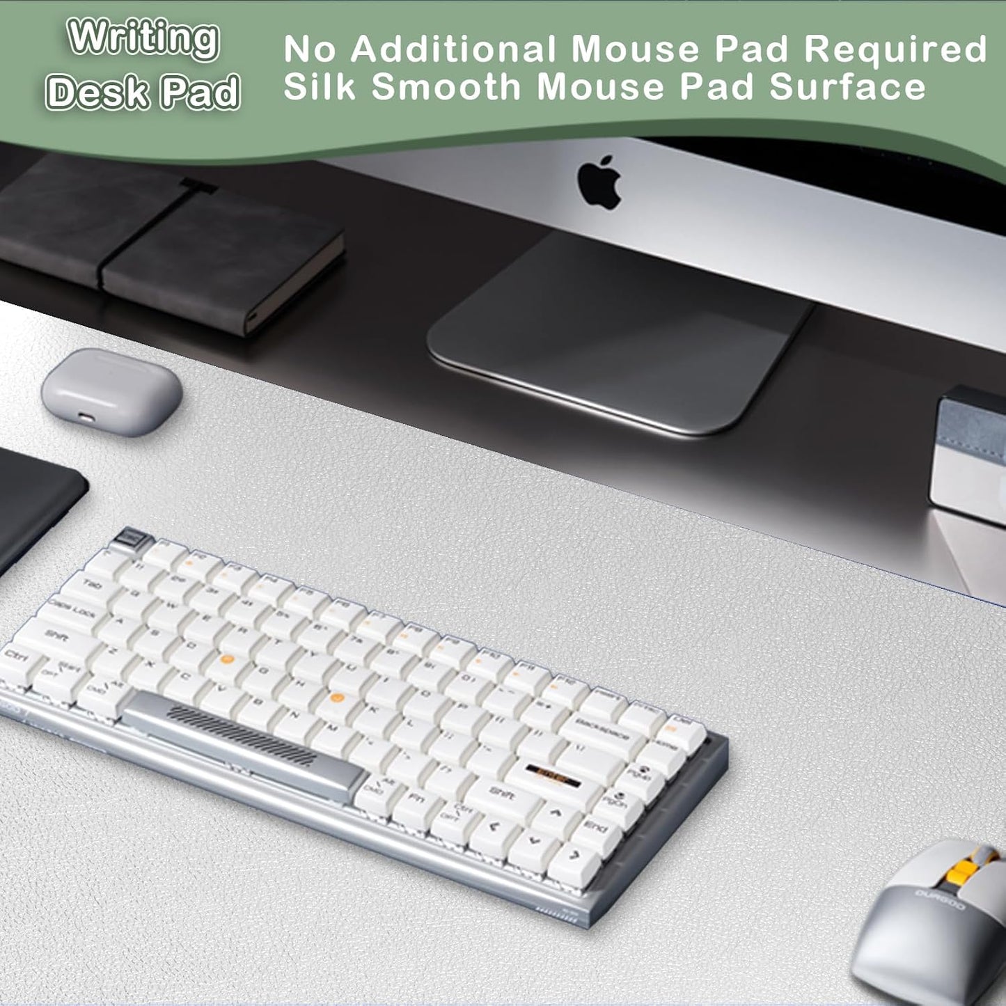 Boutilon Leather Desk Pad Protector,Non-Slip Mouse Pad,Laptop Desk Pad,Office Mouse Mat,Waterproof Leather Desk Blotter,Desk Writing Pad for Office and Home (M-Silver,30"x14")