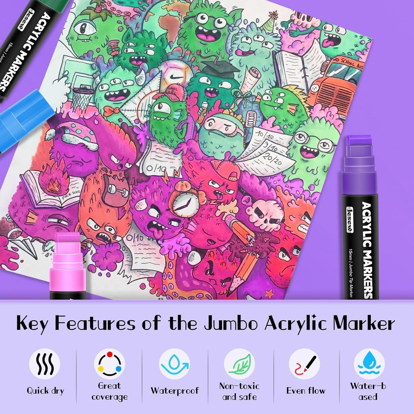 Acrylic Paint Markers, 12 Colors Jumbo Markers, 15mm Jumbo Felt Tip, Waterproof and Permanent Ink Paint Pens for Rock Painting, Stone, Ceramic, Glass, Wood, Canvas, Poster, Signs