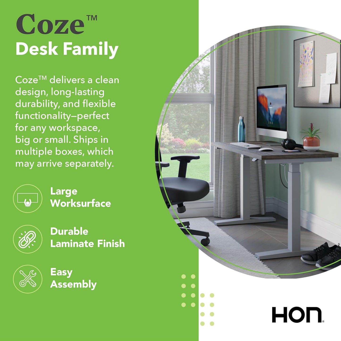 HON Coze Electric Standing Desk Adjustable Height, Coordinate Height Adjustable Desk, 54", Natural Recon Top, Black Base