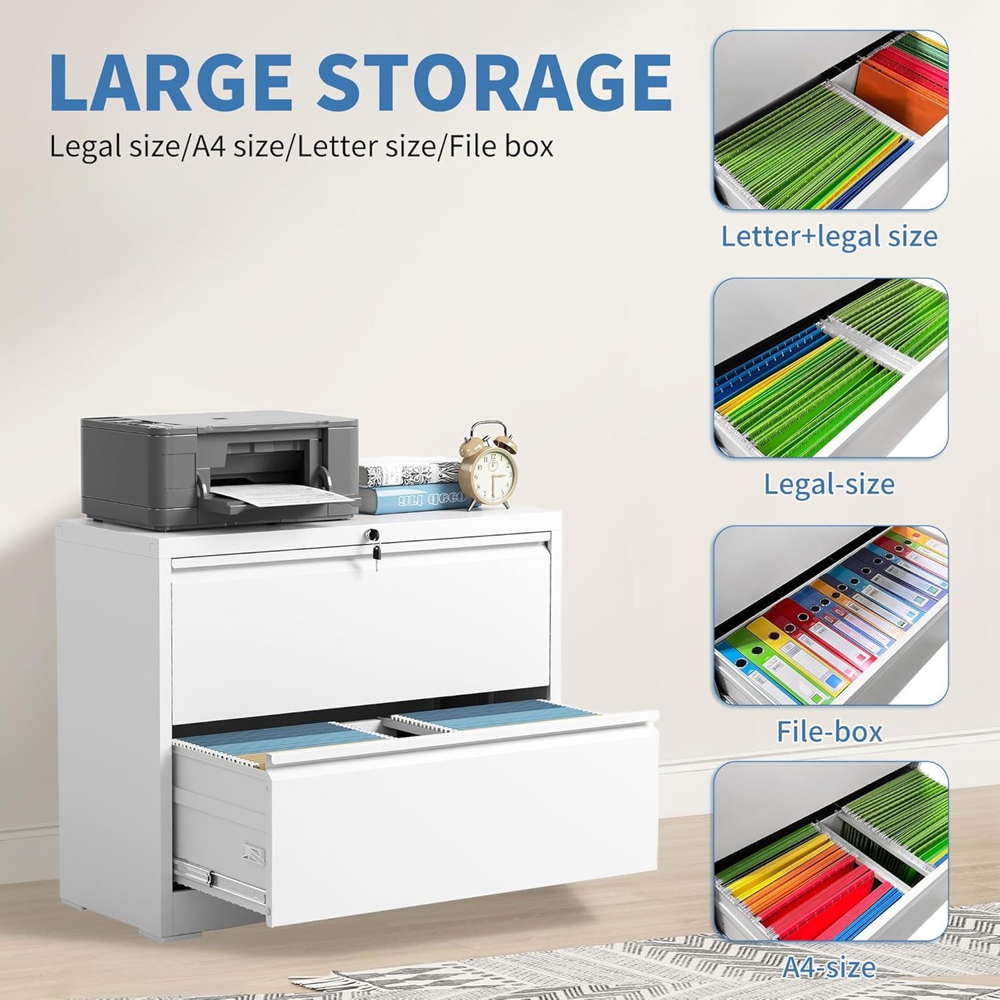 File Cabinets 2 Drawer, Metal Office Storage Filing Cabinet with Lock, White Lateral Filing Cabinet for Home Office,Horizontal Two Drawer File Cabinets for Legal/Letter,Assembly Require,White