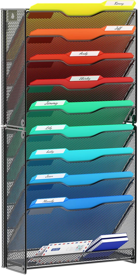 samstar 10 Tier Wall File Organizer, Hanging Wall Mount File Holder Paper Folder Mail Organizer, Mesh Metal, Black.