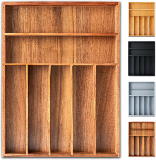 Silverware Organizer, 12.5 Inch Utensil Organizer Kitchen Drawer Organizer Acacia Silverware Holder Cutlery Tray Organizer in Drawer Flatware Organizer Tray(7 slots, Acacia）