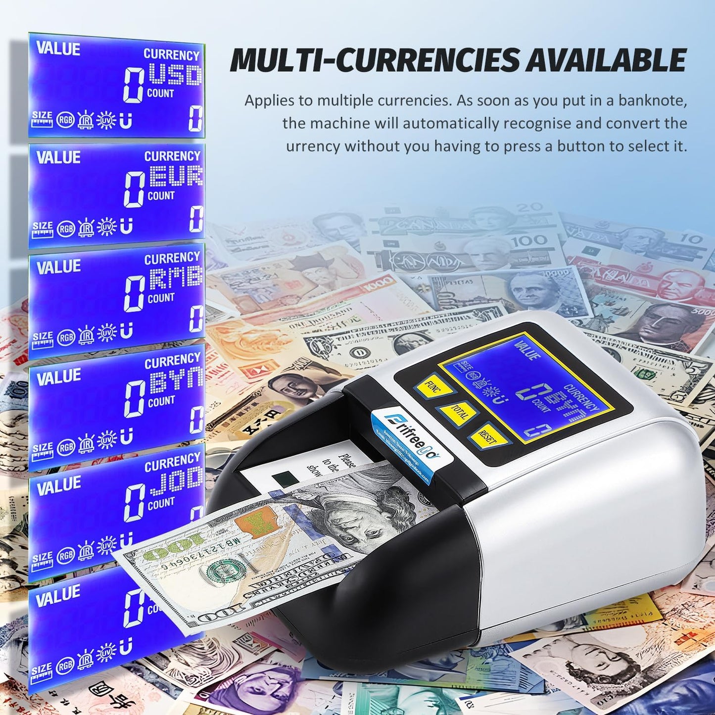 Portable Counterfeit Bill Detector, Rechargeable Fake Bill Detector 4-Way Detection, for Multiple Currencies with Value Display, Commercial Grade Bill Detector Alertable
