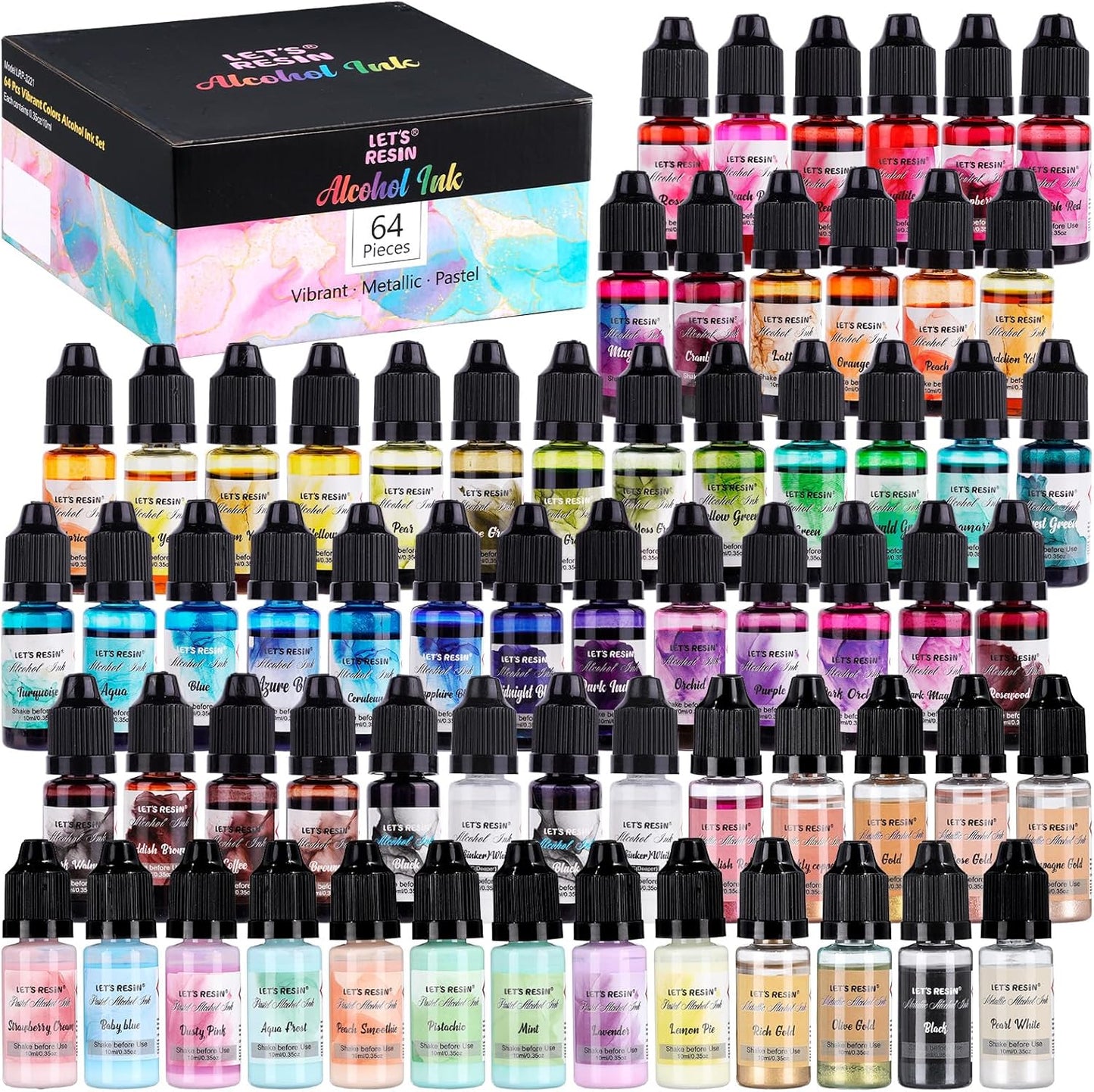 LET'S RESIN 64pcs Concentrated Alcohol Ink Set, 9 Pastel and 9 Metallic Vibrant Colors Alcohol-Based Resin Ink for Epoxy Resin, Alcohol Paint Dye for Resin Art, Tumblers, 3D Bloom (Each 0.35oz)