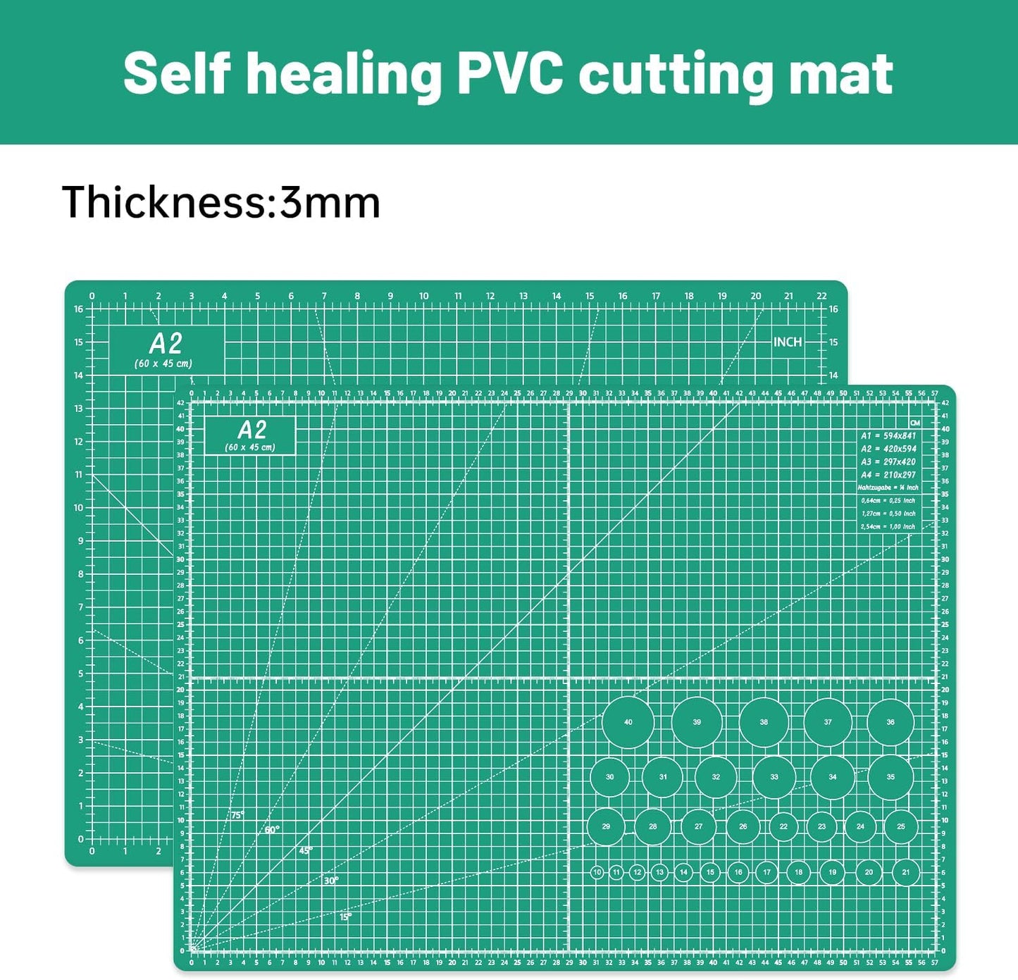 Headley Tools Thickened 18 x 24 Inch Self Healing Sewing Cutting Mat, A2 Rotary Cutting Sewing Mat for Crafts, Double Sided 5-Ply Table Cutting Board for Fabric Quilting Leather Hobby, (Green)