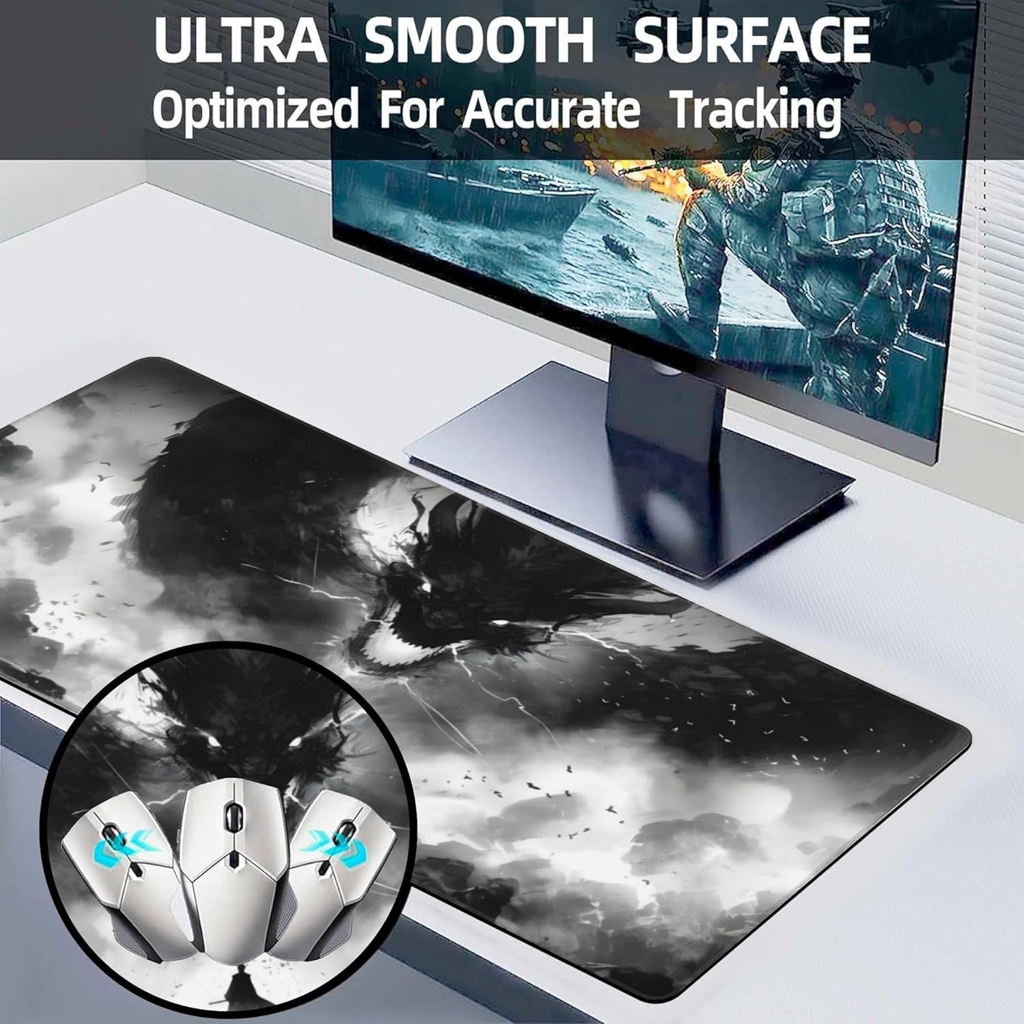 Extended Large Gaming Mouse Pad, Horror Anime Manga Large Desk Mat for Desktop XXL, Non-Slip Rubber Base Stitched Edges Long Computer Keyboard Desk Pad Mouse Mat for Gaming Home Office 35.4"X15.7"