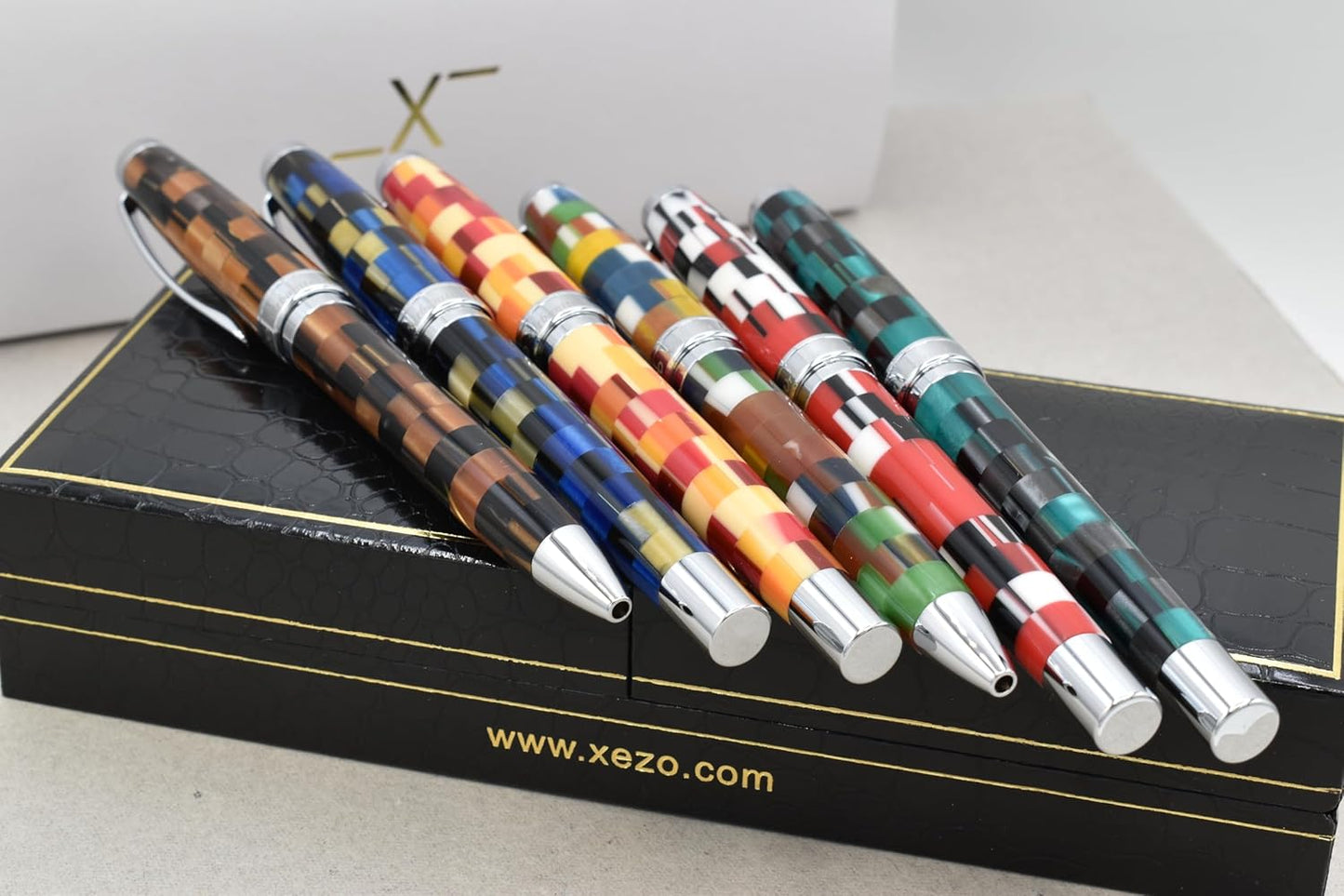 Xezo Urbanite II Fountain Pen, Fine Nib. Jazzy Multicolor Checkered Acrylic on Brass. Chrome Plated. Handcrafted, Limited Edition, Serialized
