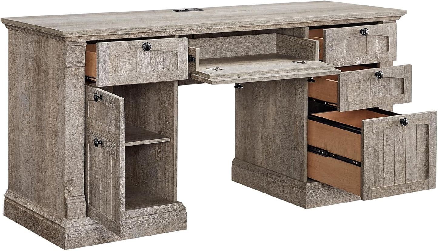 OKD 60" Executive Desk with Drawers, Farmhouse Home Office Desk with Charging Station, Keyboard Tray, File Cabinet Storage, Wood Computer Desk for Work and Study, Light Rustic Oak