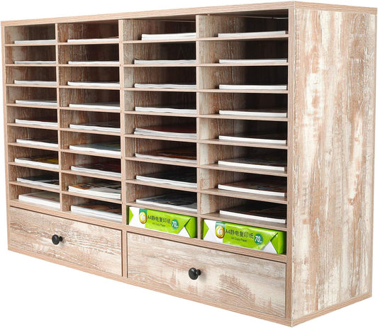 PAG Mail Sorter Organizer, Wood Literature Organizer, Student Mailbox for Classroom, Desktop Bill Paper Organizer for Office Home School, 38 Compartments, Retro White