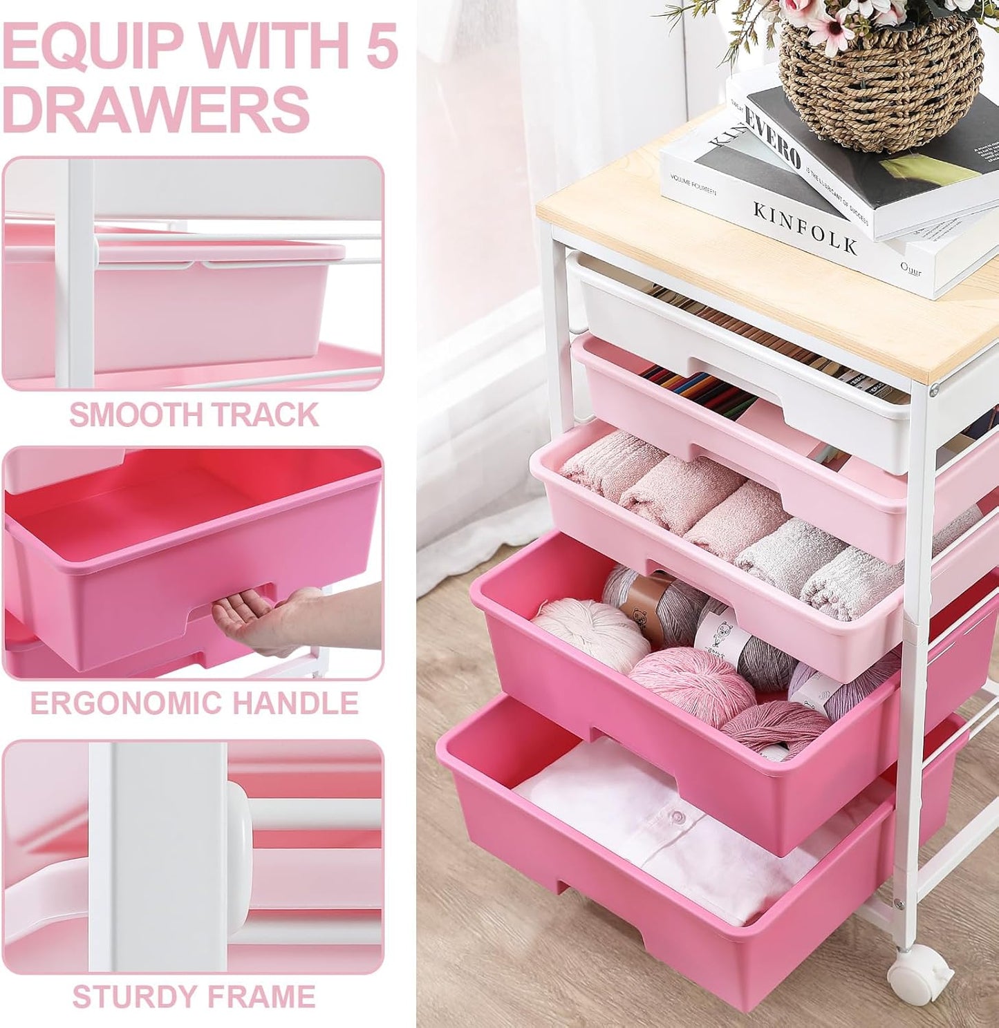 Utility Cart with 5 Drawers,Storage Drawer Cart with Wooden Tabletop and Lockable Wheels,Craft Storage Trolley Cart,5-Tier Rolling Utility Cart on Wheels,Rose Pink