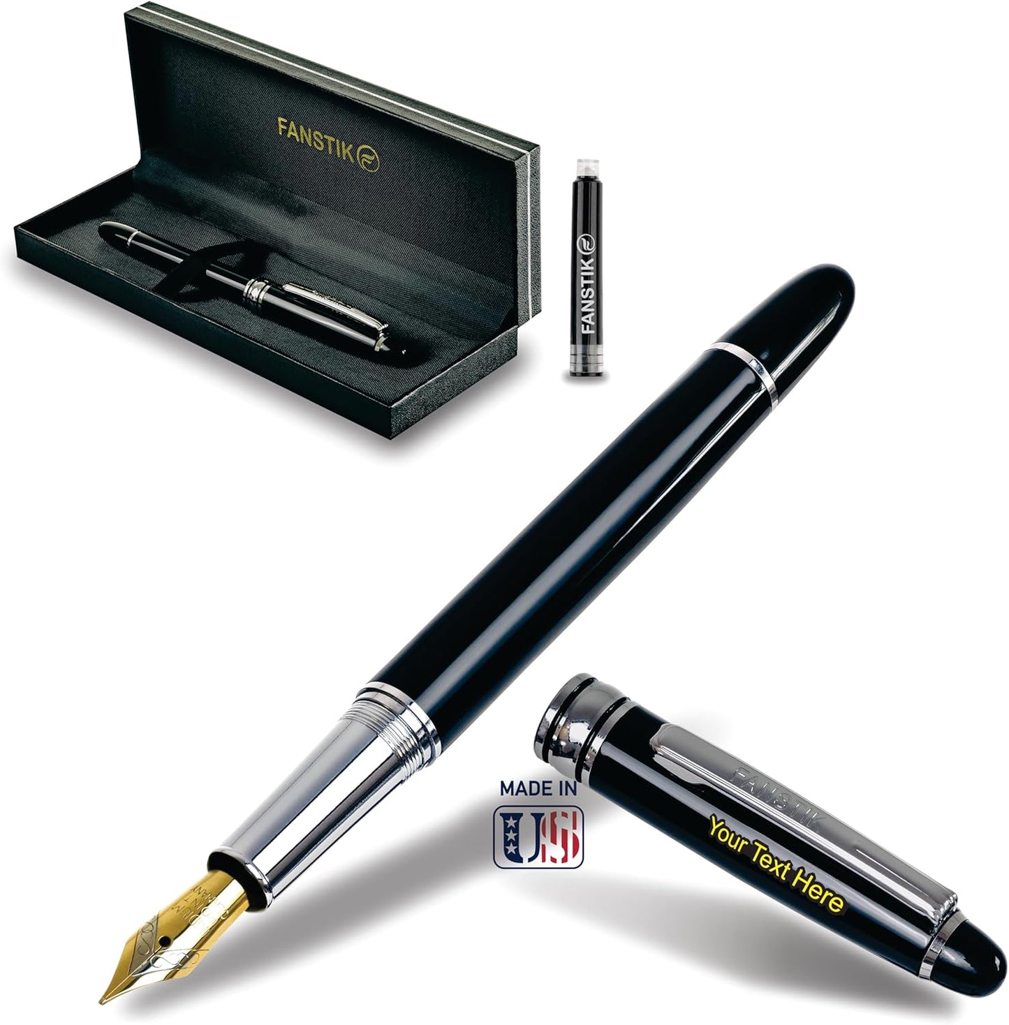 Customized Fountain pen with name (MADE IN USA), stainless steel, black and Silver, luxury engraved pen personalized for men and for women. (Fountain Black-Silver)