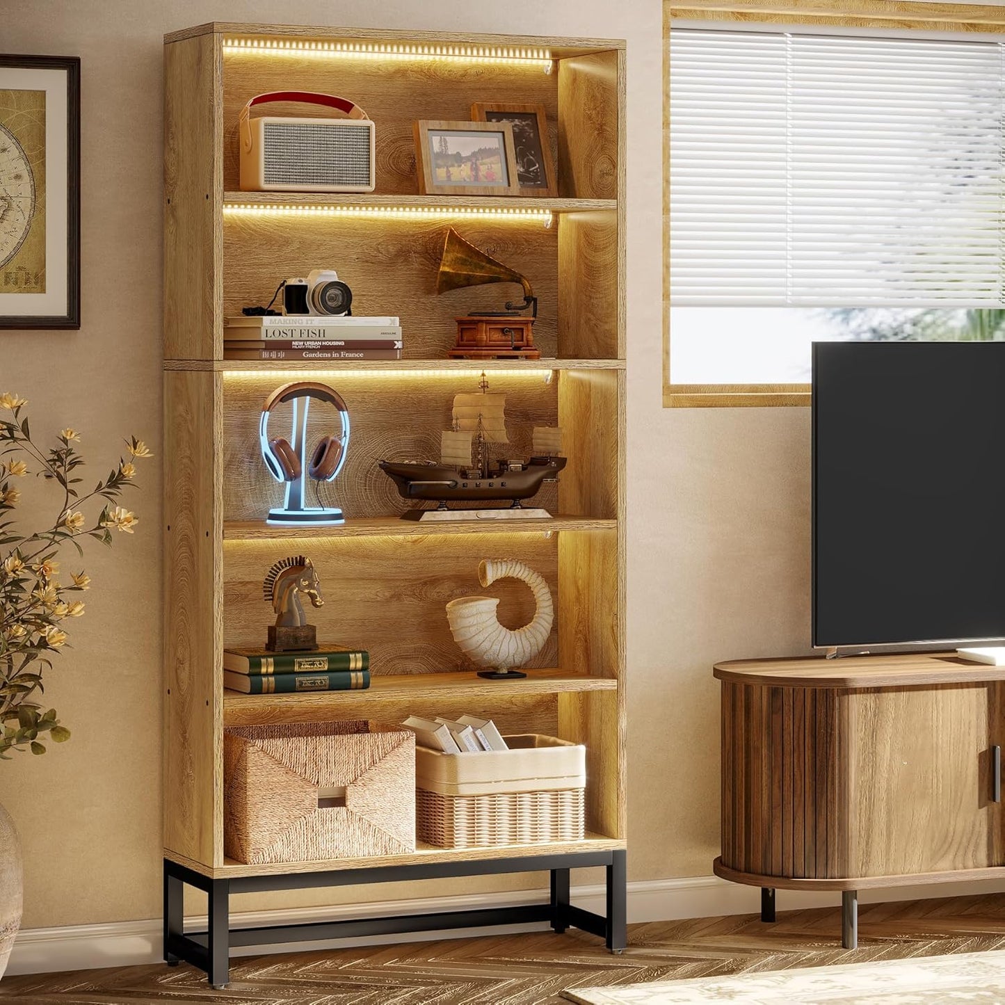 Tribesigns Tall Bookcase and Bookshelf, 70.8" Large Bookcases Organizer with LED Lights, Heavy Duty Free-Standing Library Bookshelf with 5-Tier Storage Shelves for Living Room, Bedroom (Brown)