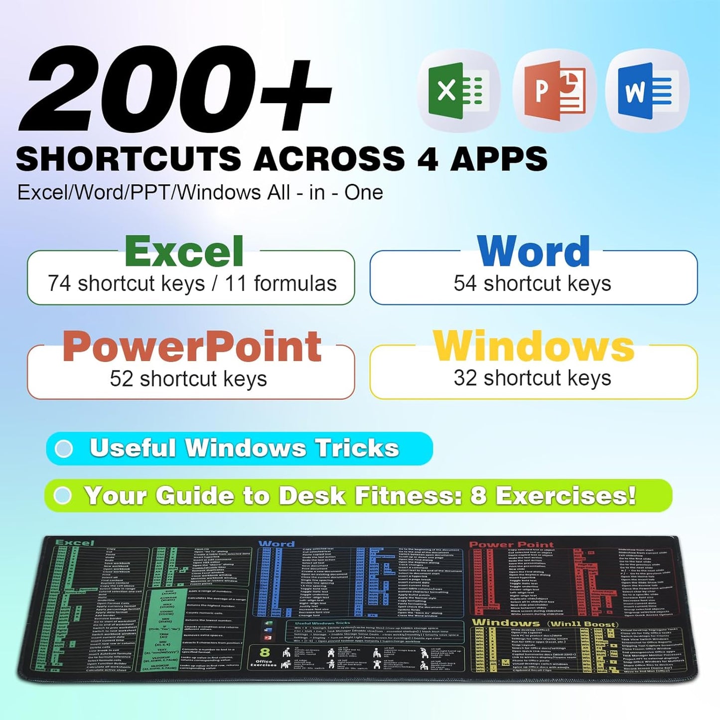 Linoows Office Shortcut Mouse Pad, Extra Large 31.5 x 11.8 Inch Gaming Mouse Mat, PC 200+ Hotkeys Keyboard Mousepad for Excel/Word/PPT/Windows, Waterproof Non-Slip Desk Pad with Stitched Edge