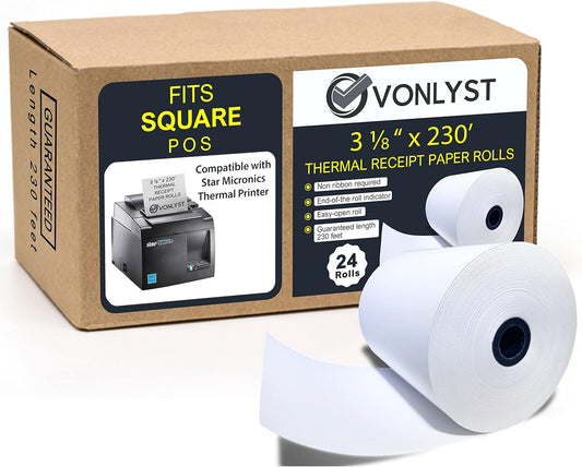 Receipt Paper Roll 3 1/8 x 230 for Square Register and Square POS System connected to Star Micronics Thermal Printer (Pack 24 rolls)