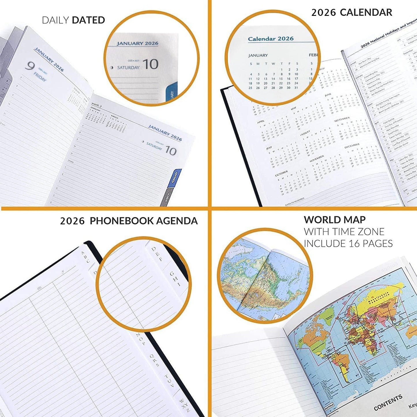 Daily Planner 2026 (5 x 7 in) - Made in Italy, Page a Day Hourly Agenda, 365 Pages, Monthly Tabs & Calendar, Jan-Dec Business Planner, Hardcover (BLACK)