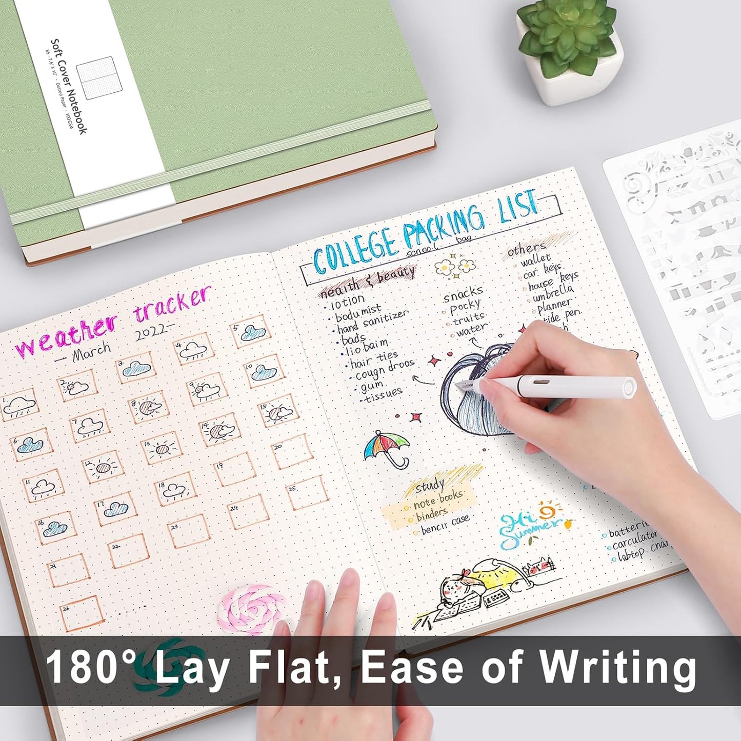 AHGXG Bullet Dotted Journal - 320 Pages Dot Grid Notebook B5 Large Journal, 100gsm Thick Dotted Paper, Leather Softcover, with Journal Stencils, Inner Pocket, 7.6'' X 10'' - LightGreen