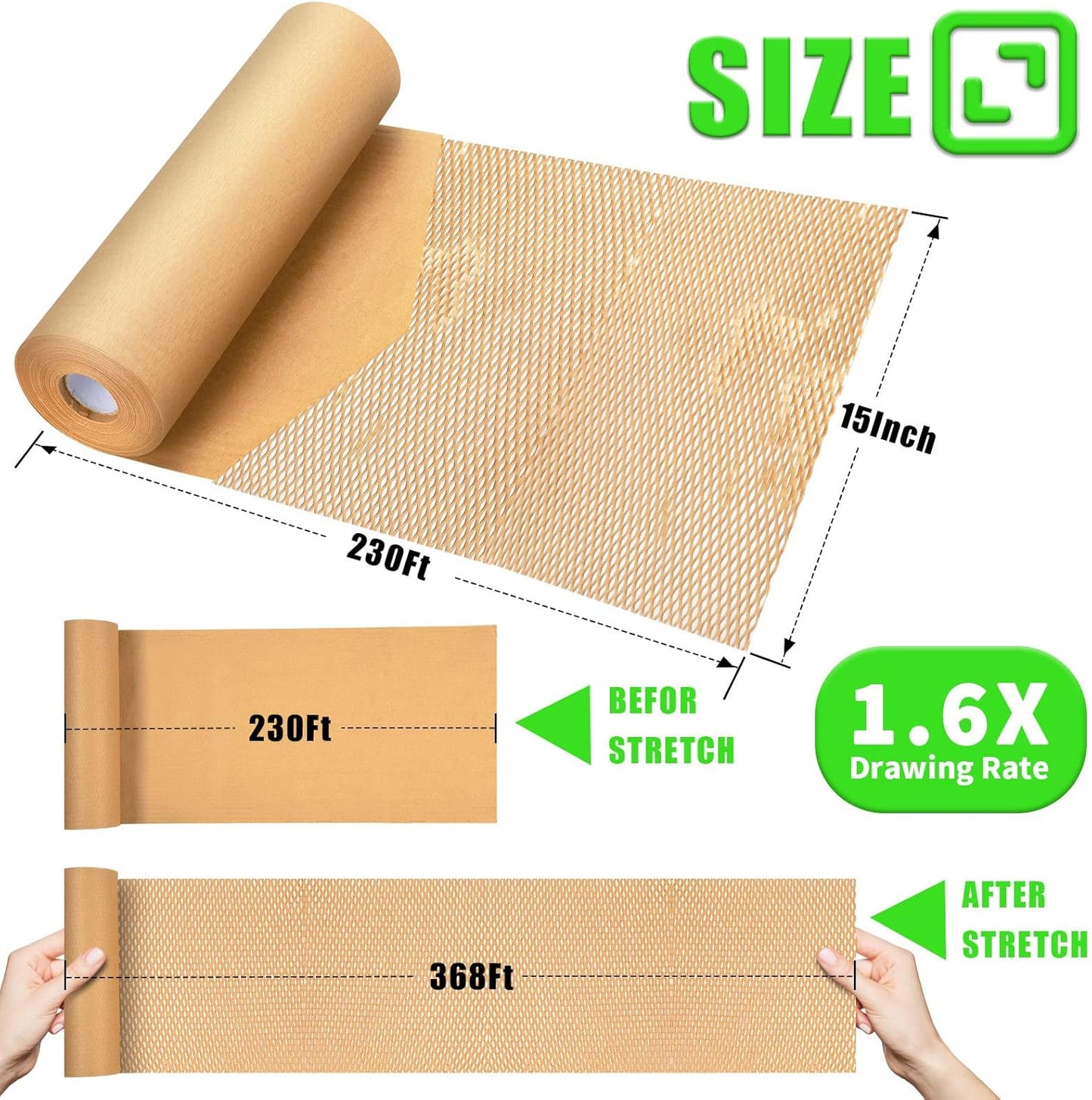 Honeycomb Packing Paper, MINHAO 15"x230' Eco Friendly Packing Paper for Moving Recyclable Honeycomb Paper Moving Supplies Bubble Paper Wrapping Protective Roll, With 36 Fragile Sticker Labels