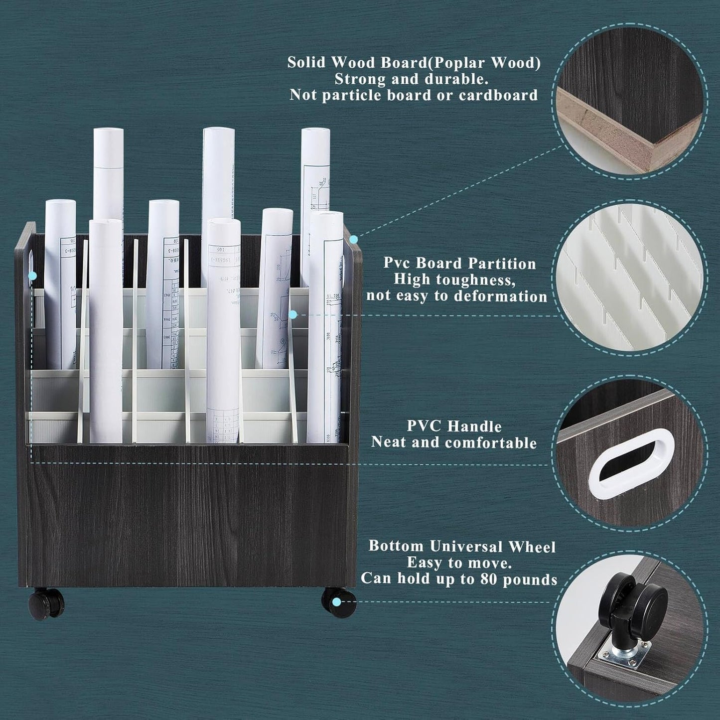 Blueprint Storage Cabinet, Wooden Mobile Blueprint Holder for Roll File, Construction Plan Holder for Office, 30 Slots