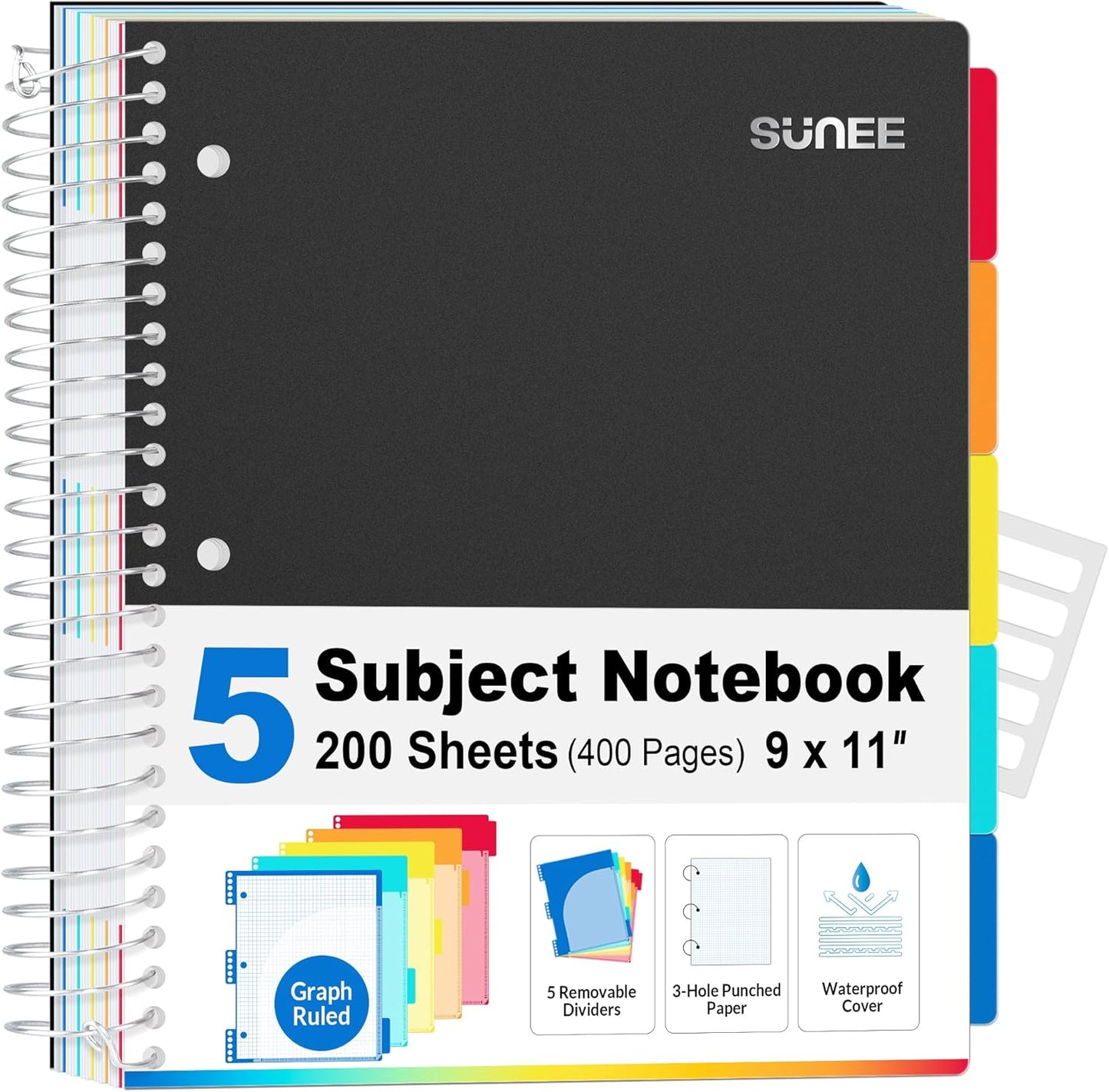 SUNEE 5 Subject Graph Paper Notebook - 400 Pages, 9"x11", 4x4 Graph Ruled Notebook, 5 Pocket Colored Dividers, 3-Hole Punched Paper, Black