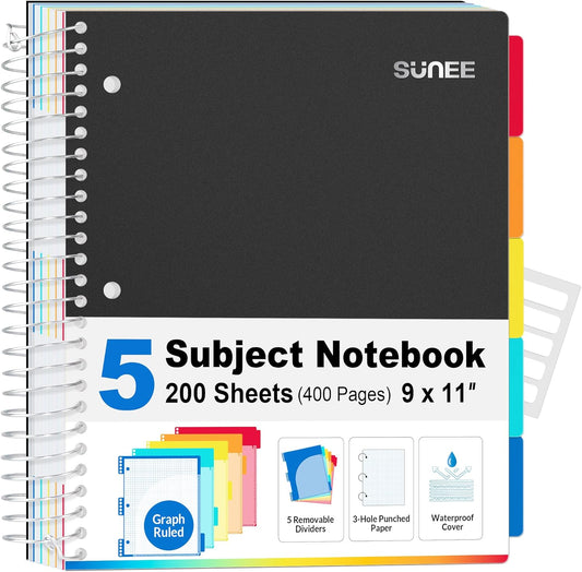 SUNEE 5 Subject Graph Paper Notebook - 400 Pages, 9"x11", 4x4 Graph Ruled Notebook, 5 Pocket Colored Dividers, 3-Hole Punched Paper, Black