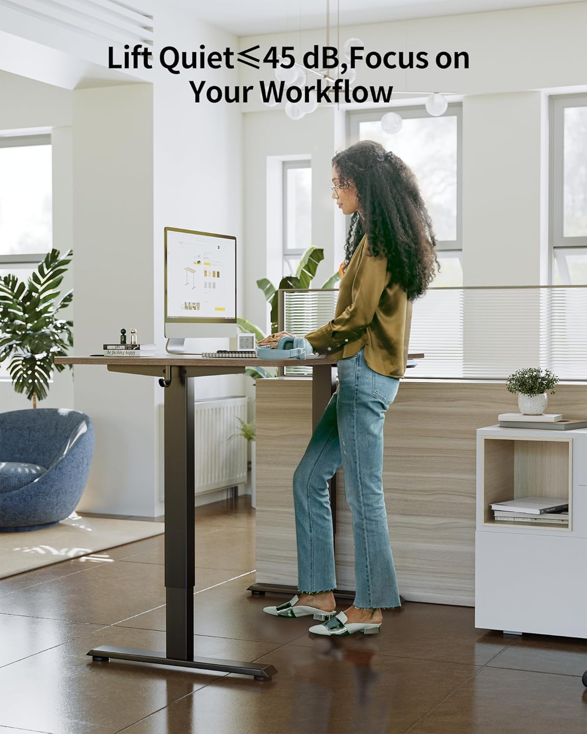 FEZIBO One-Piece Standing Desk Adjustable Height Stand up Home Office Desk, 55x24 Inch Electric Standing Computer Desk, with 4 Memory Presets, Fixable casters, Rustic Brown