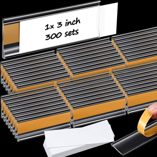 Yexiya 300 Pieces 3 x 1 Inch Self Adhesive Label Holders with Paper Label Inserts Clear Shelf Tag Label Holders Plastic Price Tag Holder for Supermarket Library Bookshelves Mailbox Storage Bins