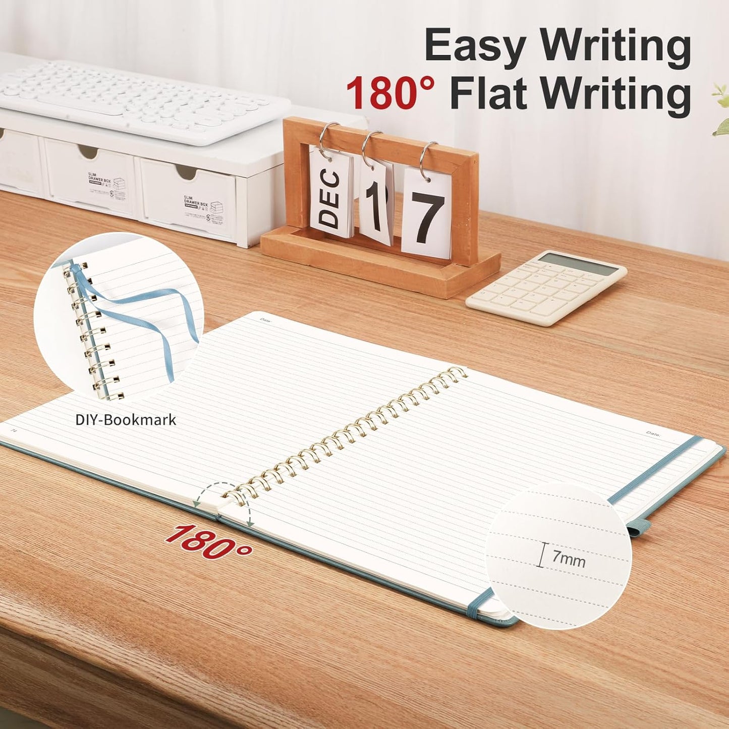 AHGXG Lined Spiral journaling notebooks With Numbered Pages, Hardcover Leather College Ruled Notebook 5.7" x 8.3" A5, light ivory Paper, Notebooks for School Work, Journals for Women,GrayBlue