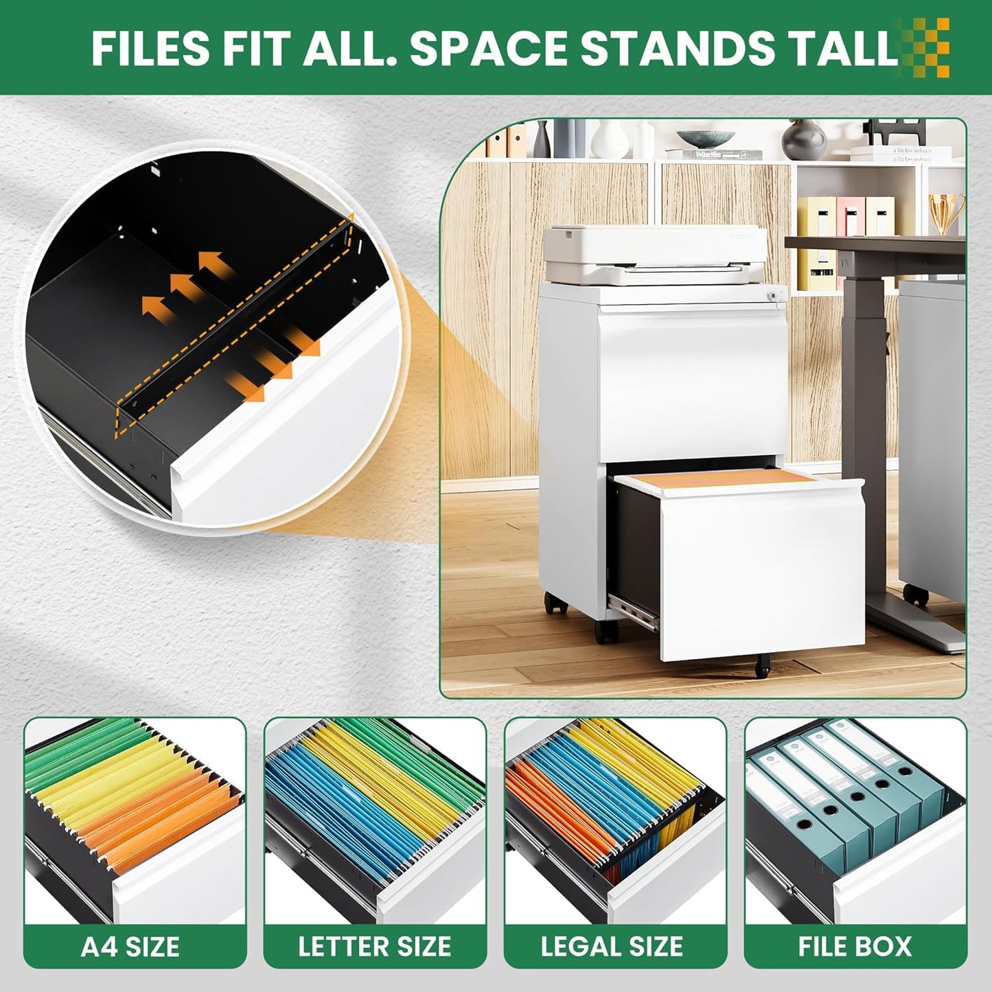 Mobile File Cabinet with Lock, 2 Drawer Under Desk Filing Cabinet with Wheels for Legal/Letter/A4 (Fully Assembled,White)